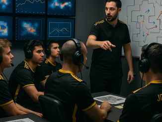 A realistic photo of an esports coach briefing his CS2 team in a strategy