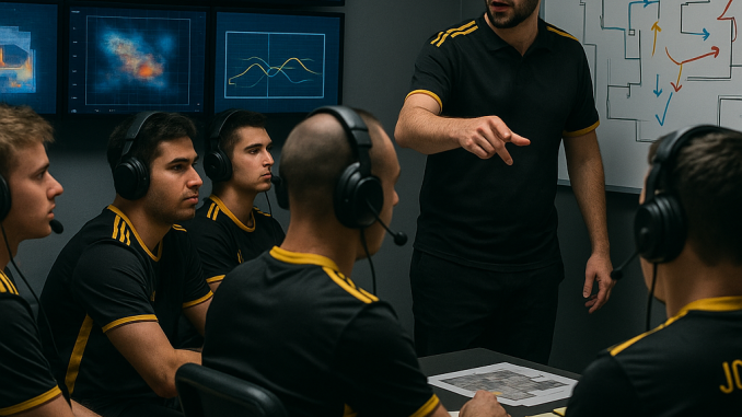 A realistic photo of an esports coach briefing his CS2 team in a strategy