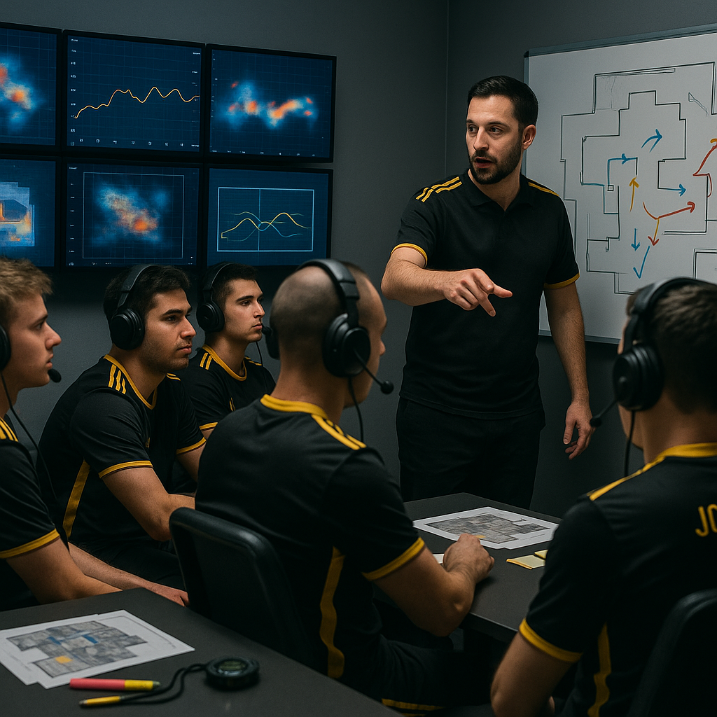 A realistic photo of an esports coach briefing his CS2 team in a strategy